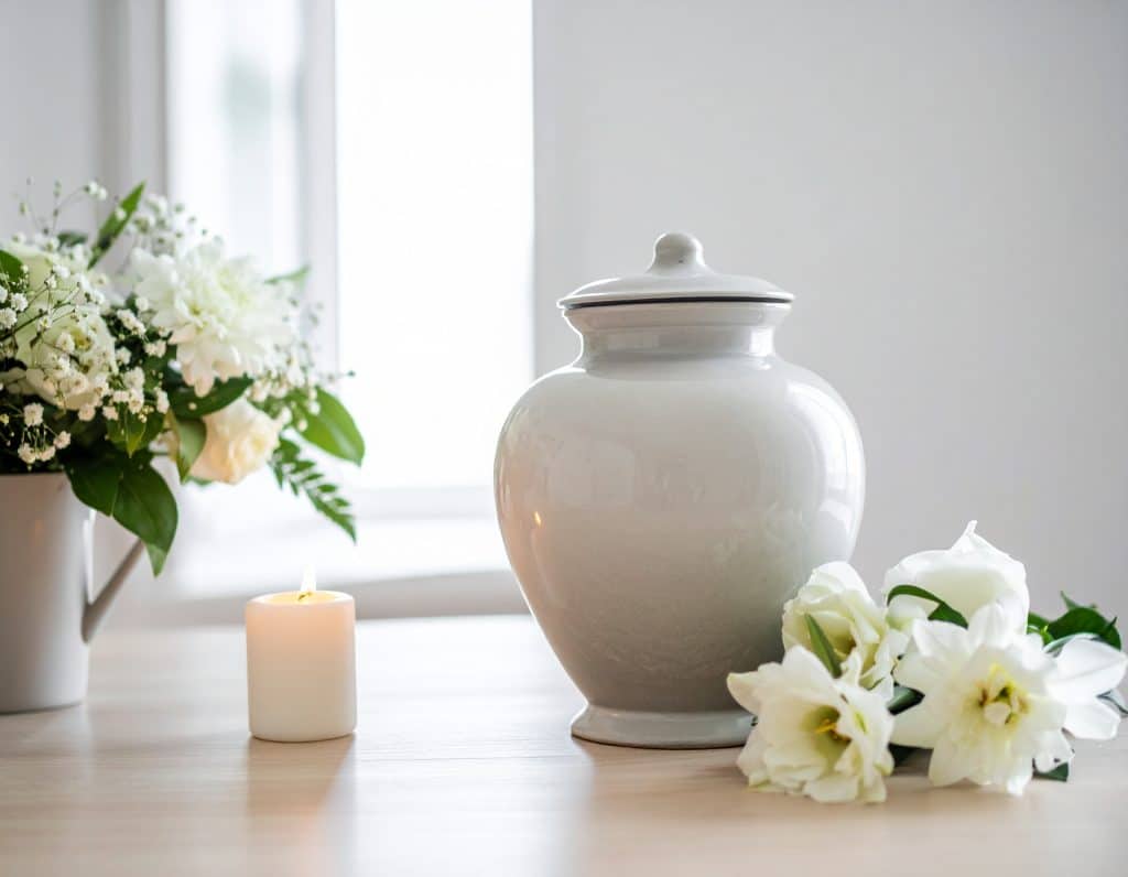 Cerimonia funebre con bara per cremazione e fiori bianchi in un ambiente sobrio e rispettoso in Italia