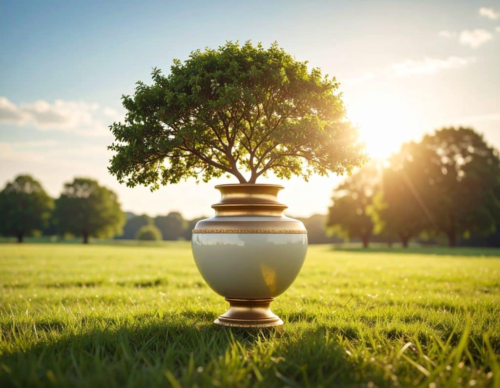 la foto di un'urna cineraria che si trasforma in un albero