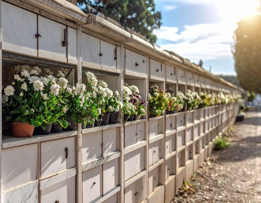 Una serie di loculi in un cimitero a Roma