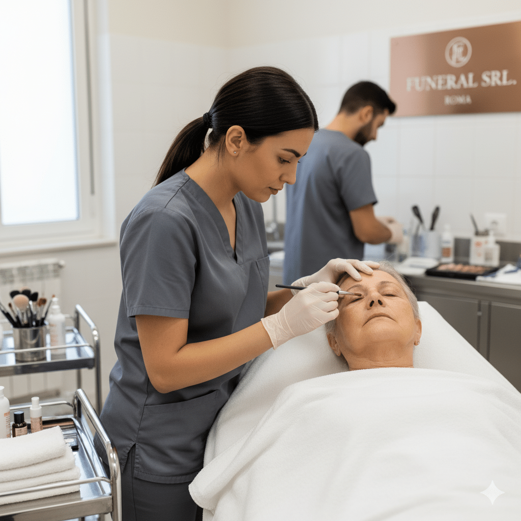Una tanatoesteta professionista applica con un pennello un trucco leggero sul viso di una persona anziana defunta, in un ambiente sereno e professionale.