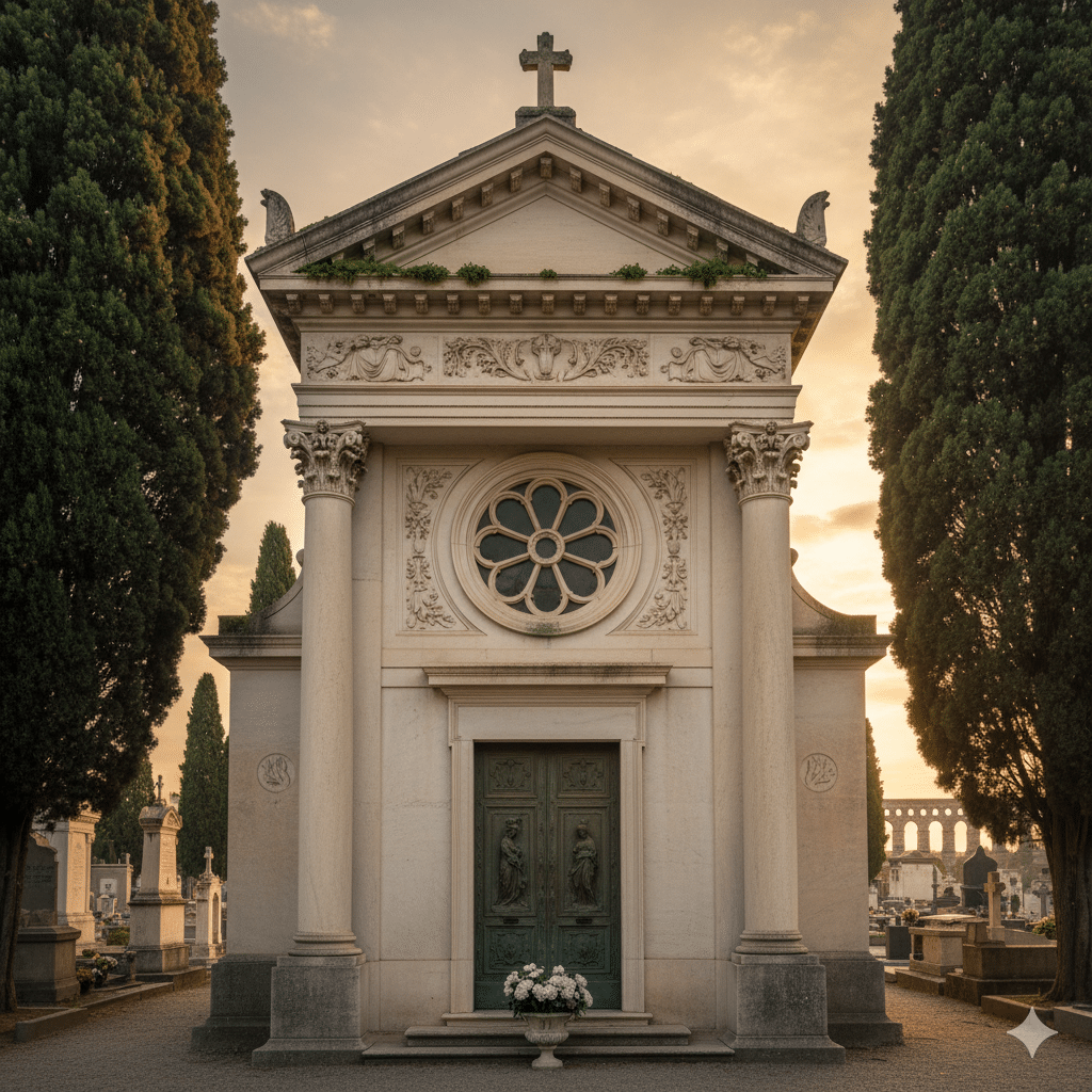Particolare di un tumulo di famiglia in marmo chiaro in un cimitero di Roma, con dettagli scultorei e un'atmosfera serena e monumentale.