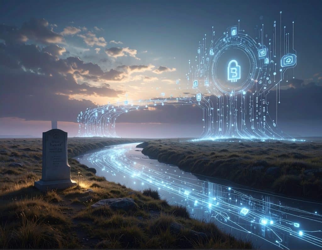 Immagine simbolica e suggestiva di una lapide elegante al crepuscolo, da cui emerge un fiume di luce digitale con icone social e criptovalute, che rappresenta la continuità dell'eredità digitale oltre la vita fisica, con un'atmosfera contemplativa e solenne.