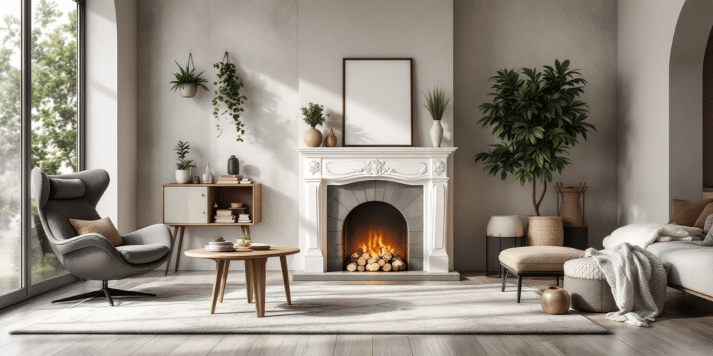 Interno di un salotto moderno e luminoso, con camino bianco decorato e acceso, una poltrona di design grigia, tavolino in legno, piante e un'urna cineraria discreta posizionata sul caminetto creando un'atmosfera serena e accogliente.