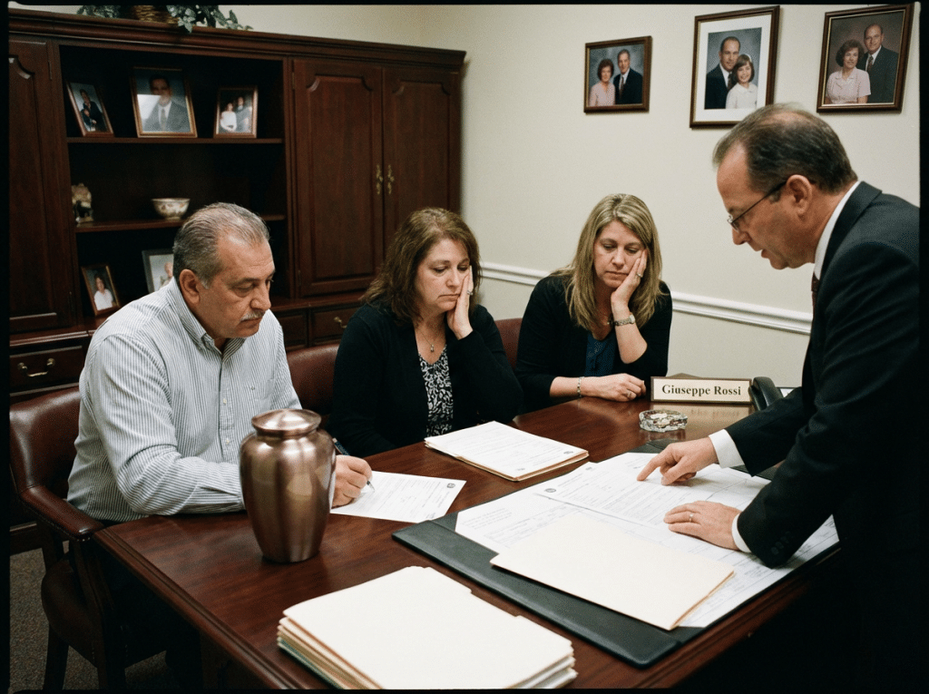 Delle persone con la documentazione per cremare il proprio caro