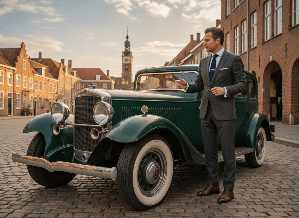 un notaio vicino a una macchina antica