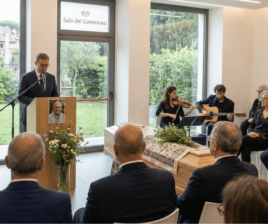 Cerimonia funebre in forma laica a Roma in una moderna sala del commiato luminosa con celebrante al leggio, musicisti dal vivo e cofano in legno chiaro con fiori di campo senza simboli religiosi.