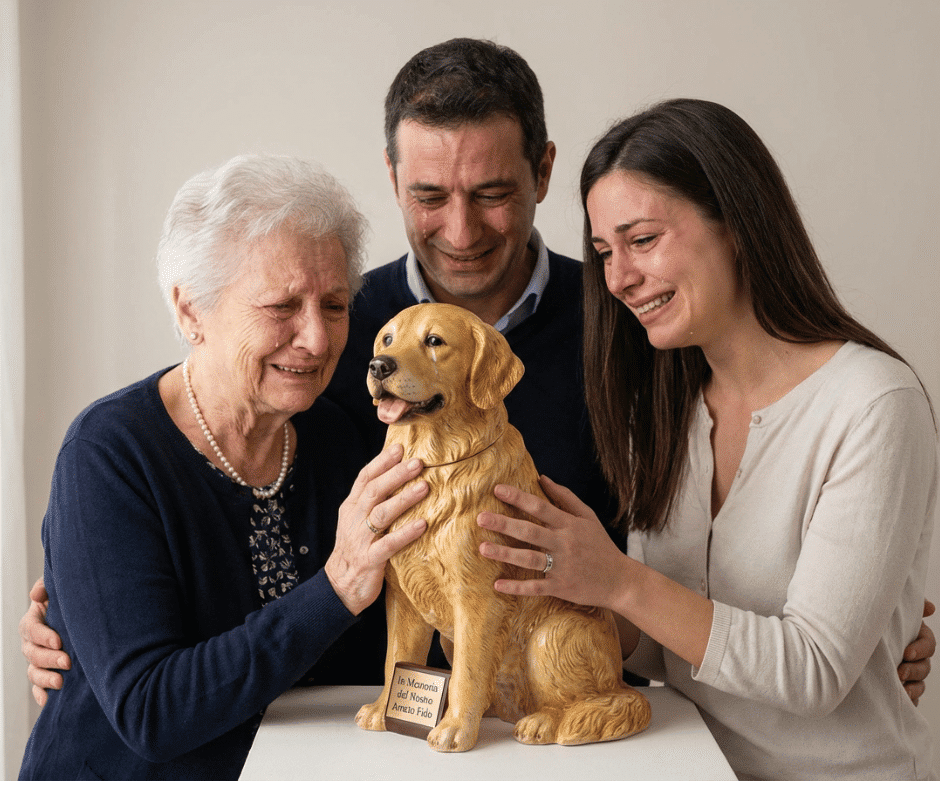 Una foto con 3 persone che sono tristi per la scomparsa del loro cane