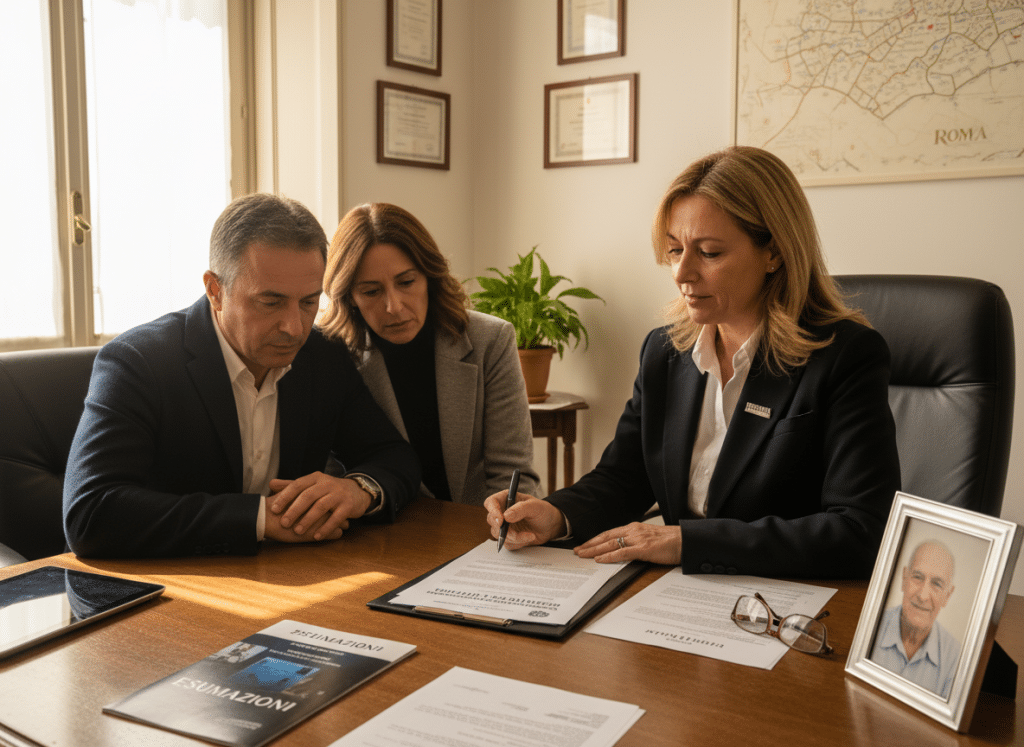 A candid photograph inside a comfortable, sunlit office in Rome. A female funeral director from "Funeral Srl," dressed professionally with a warm, empathetic expression, sits across a wooden desk from a middle-aged man and woman. They are looking down at a document labeled "DICHIARAZIONE SOSTITUTIVA DI ATTO NOTORIO" while the director points with a pen to a section. On the table are other official papers, a tablet showing a banking app interface, reading glasses, and a small, framed photo of an elderly gentleman. The atmosphere is supportive and calm, suggesting guidance through a complex process. The style is natural and realistic.