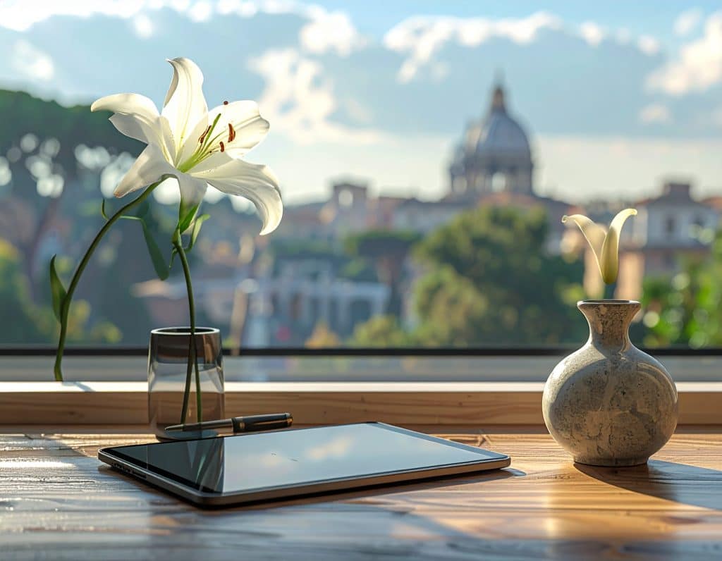 Scrivania ordinata con tablet e giglio bianco per la gestione della comunicazione decesso inps a Roma con Funeral Srl