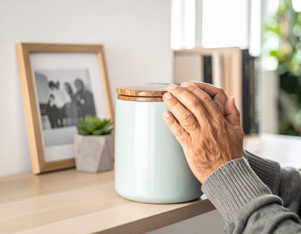 Una fotografia d'atmosfera, in stile editoriale, che ritrae un angolo sereno e luminoso di un moderno soggiorno in un appartamento a Roma. Al centro della composizione, su una mensola di legno chiaro, è posizionata un'urna cineraria dal design contemporaneo e discreto (realizzata in ceramica opaca color tortora e legno levigato, non un'anfora tradizionale). Accanto all'urna, ci sono una cornice con una foto sfocata di famiglia in bianco e nero, una piccola pianta grassa verde e alcuni libri rilegati. La luce naturale morbida entra da una finestra laterale, illuminando delicatamente la scena. In primo piano, parzialmente visibili, le mani curate di una persona di mezza età (vestita con un maglione sobrio di colore neutro) che poggiano delicatamente una mano vicino all'urna, in un gesto di affetto e rispetto. Lo sfondo è leggermente sfocato ma suggerisce un ambiente domestico accogliente e vissuto. L'atmosfera generale è di pace, memoria intima e rispetto, senza essere cupa. No simboli religiosi espliciti.